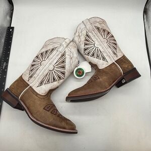 Laredo Womens 9.5 M Tan White Leather Square Toe Western Cowboy Boots LA5821 NEW